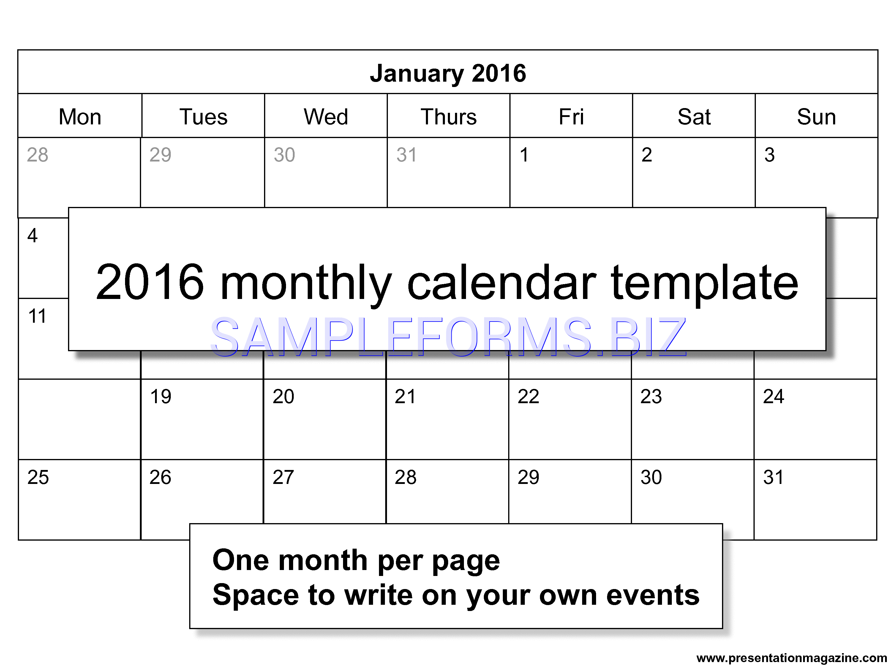 Preview free downloadable 2016 Monthly Calendar 2 in PDF (page 1)